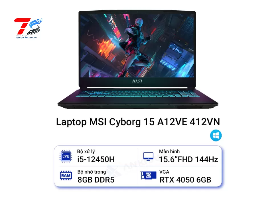 Laptop MSI Cyborg 15 A12VE 412VN (Core i5-12450H | 8GB | 512GB | RTX4050 | 15.6 inch FHD | W11H | Đen)